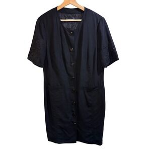 VTG Louis Féraud Linen Architectural Cutout Embroidered Dress 14 Gold Button Art